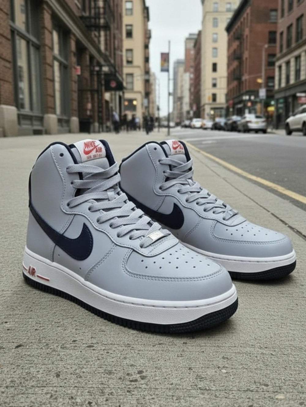 Nike Air Force 1 High Top Sneakers in Light Gray and Navy - Picture 2 of 4